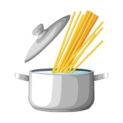 Saucepan with cooking spaghetti, lid open.