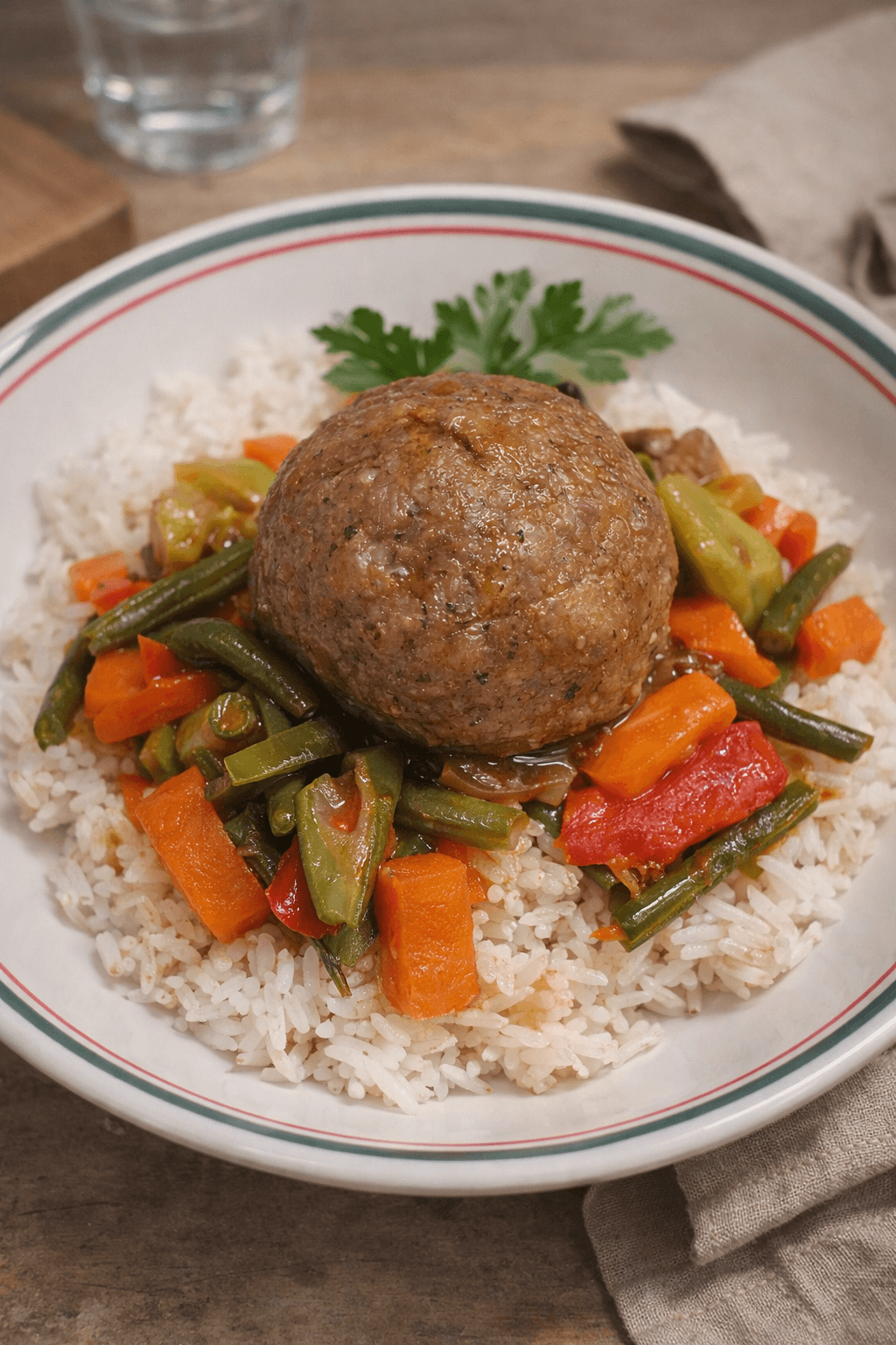 Rice and Stir-Fried Vegetables with Stefano Calabrian Meatballs