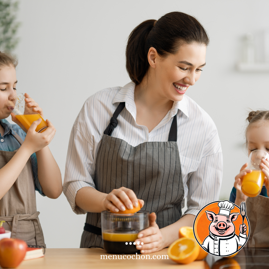 Family squeezing fresh orange juice.