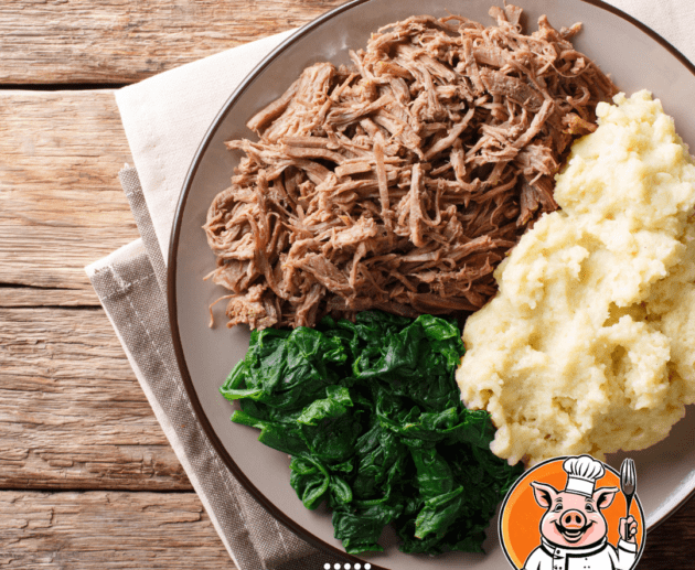 Pulled pork, mashed potatoes and spinach.
