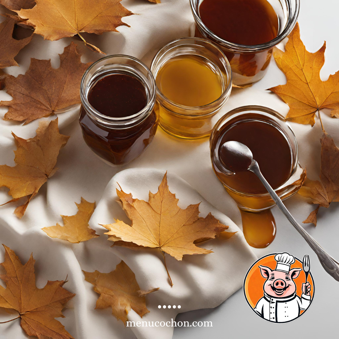 Various maple syrups and autumn leaves, menucochon.com.