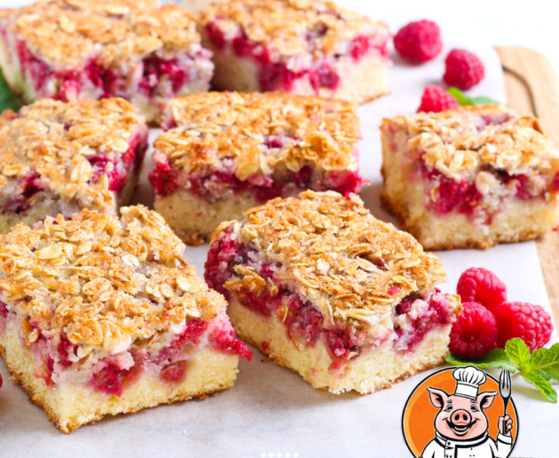 Oat and raspberry squares, gourmet recipe.
