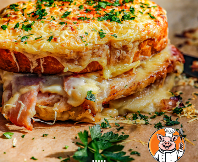 Croque-monsieur topped with melted cheese and parsley.