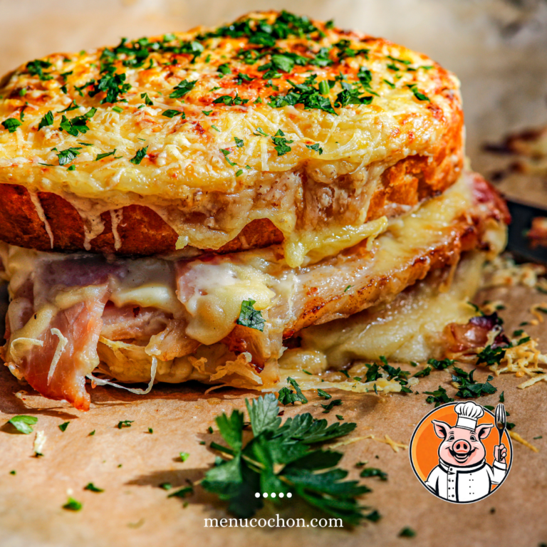 Croque-monsieur topped with melted cheese and parsley.