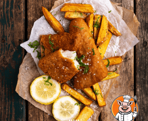 Fish and chips gourmands avec citron et persil.