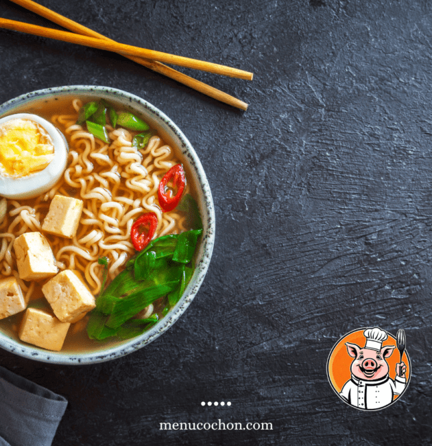 Ramen soup with tofu and egg, Asian cuisine.