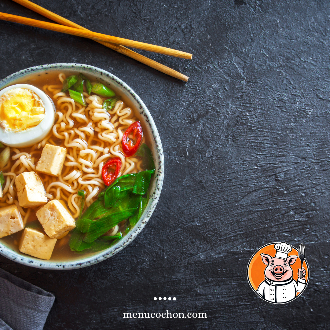 Ramen soup with tofu and egg, Asian cuisine.