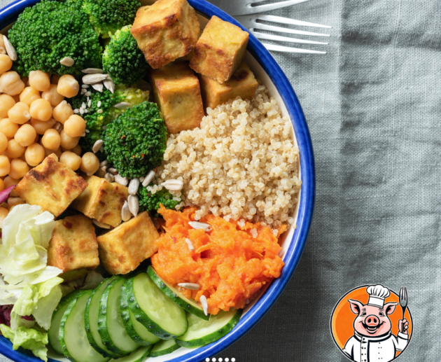 Healthy vegetarian bowl with quinoa and tofu.