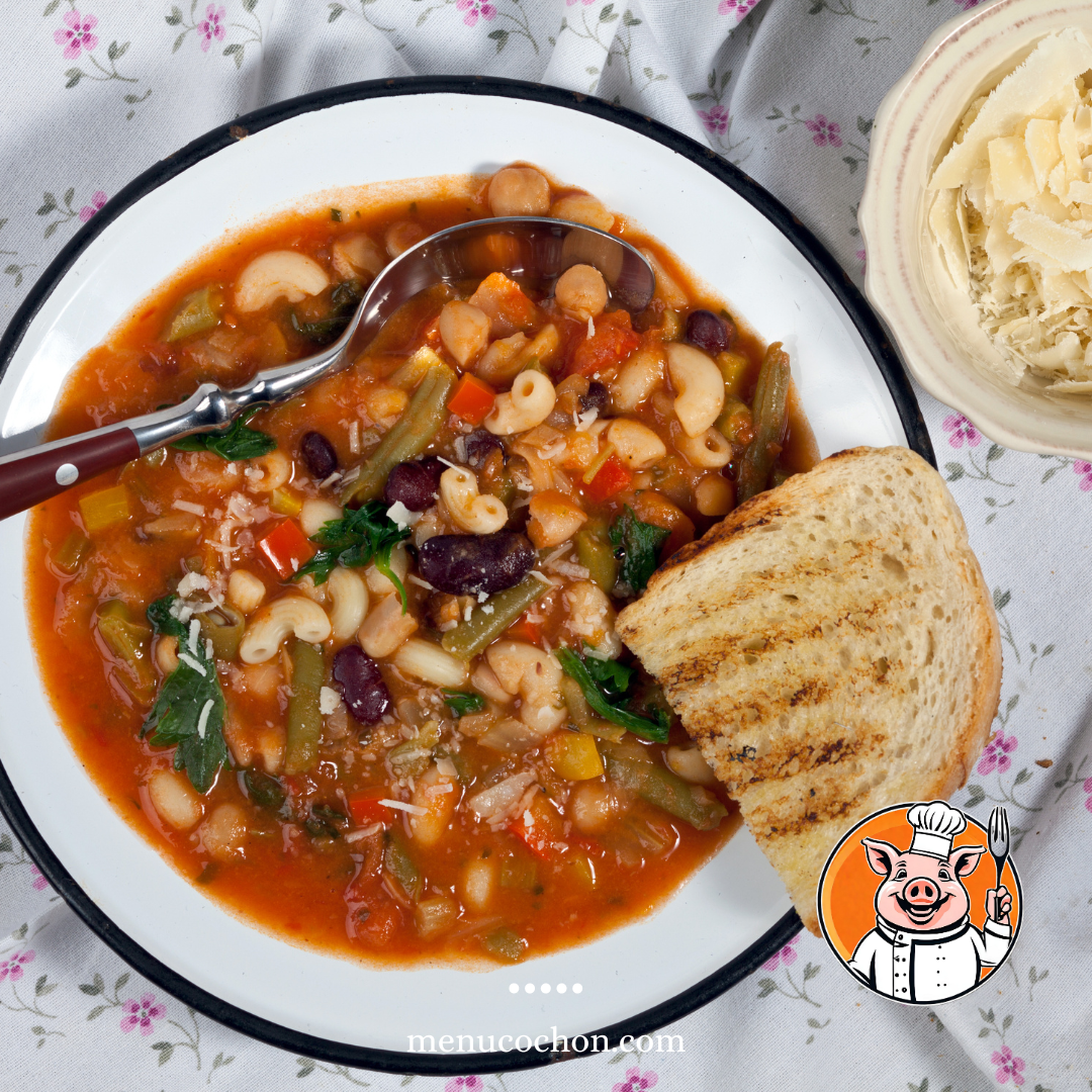 Homemade minestrone soup with toasted bread.