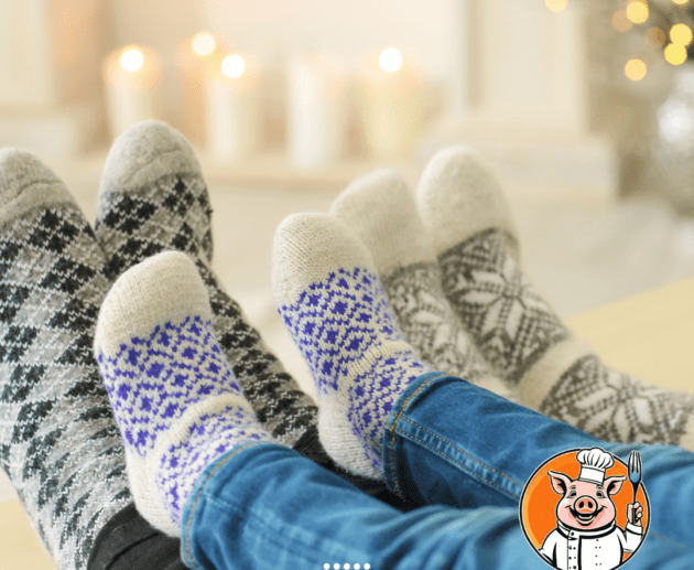 Pieds en chaussettes, confort hivernal, ambiance festive.