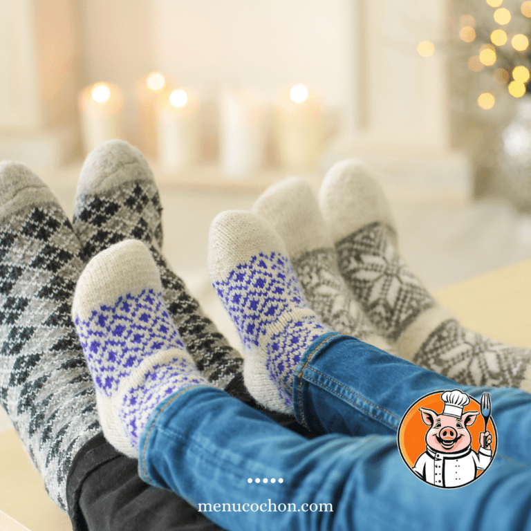 Feet in socks, winter comfort, festive atmosphere.