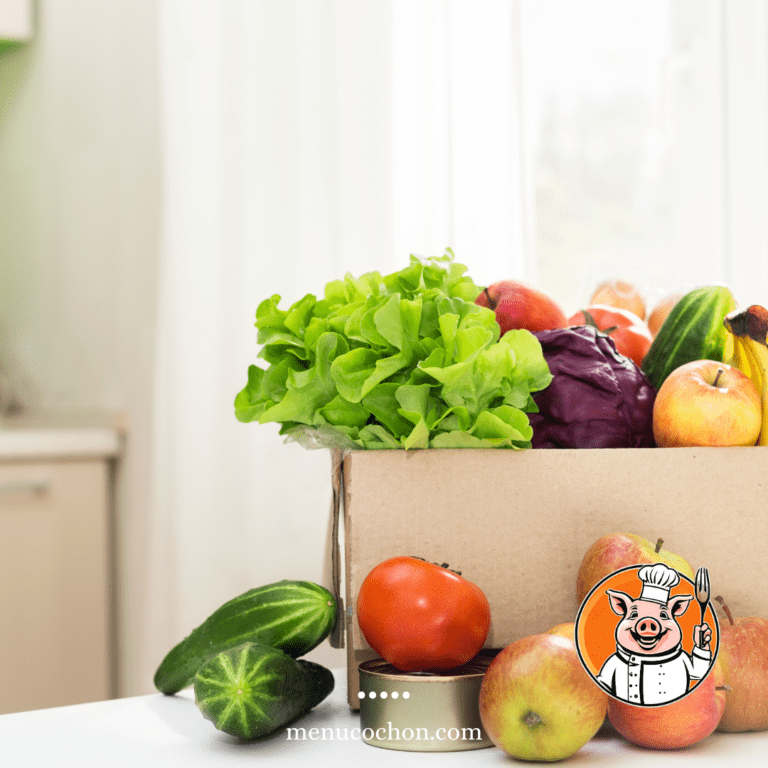 Box of fresh vegetables and chef pig logo.