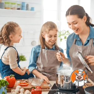 Family cooking together, healthy food, bright kitchen.