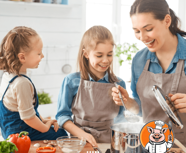 Family cooking together, healthy food, bright kitchen.