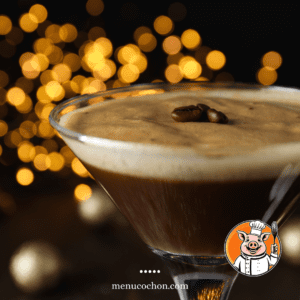 Espresso martini cocktail, bokeh lights, chef pig logo.