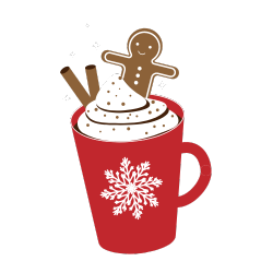 Festive mug with hot chocolate and gingerbread man.