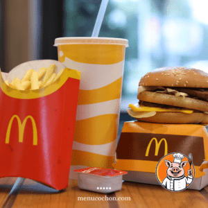 Fast-food meal with burger, fries and drink.