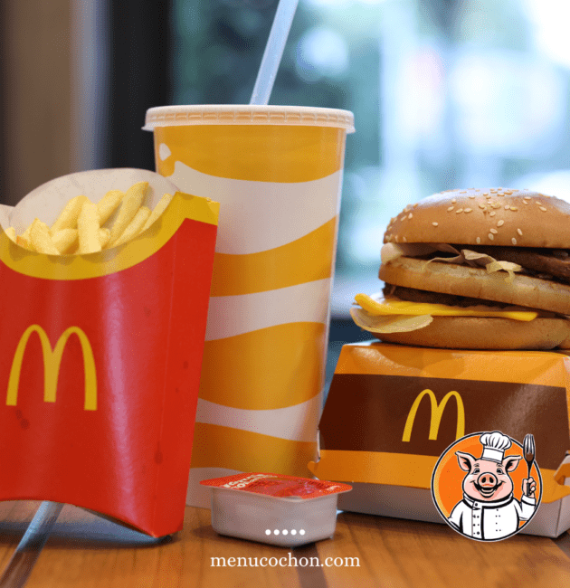 Repas fast-food avec hamburger, frites et boisson.