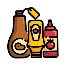 Designed condiments, ketchup, mustard and BBQ sauce.