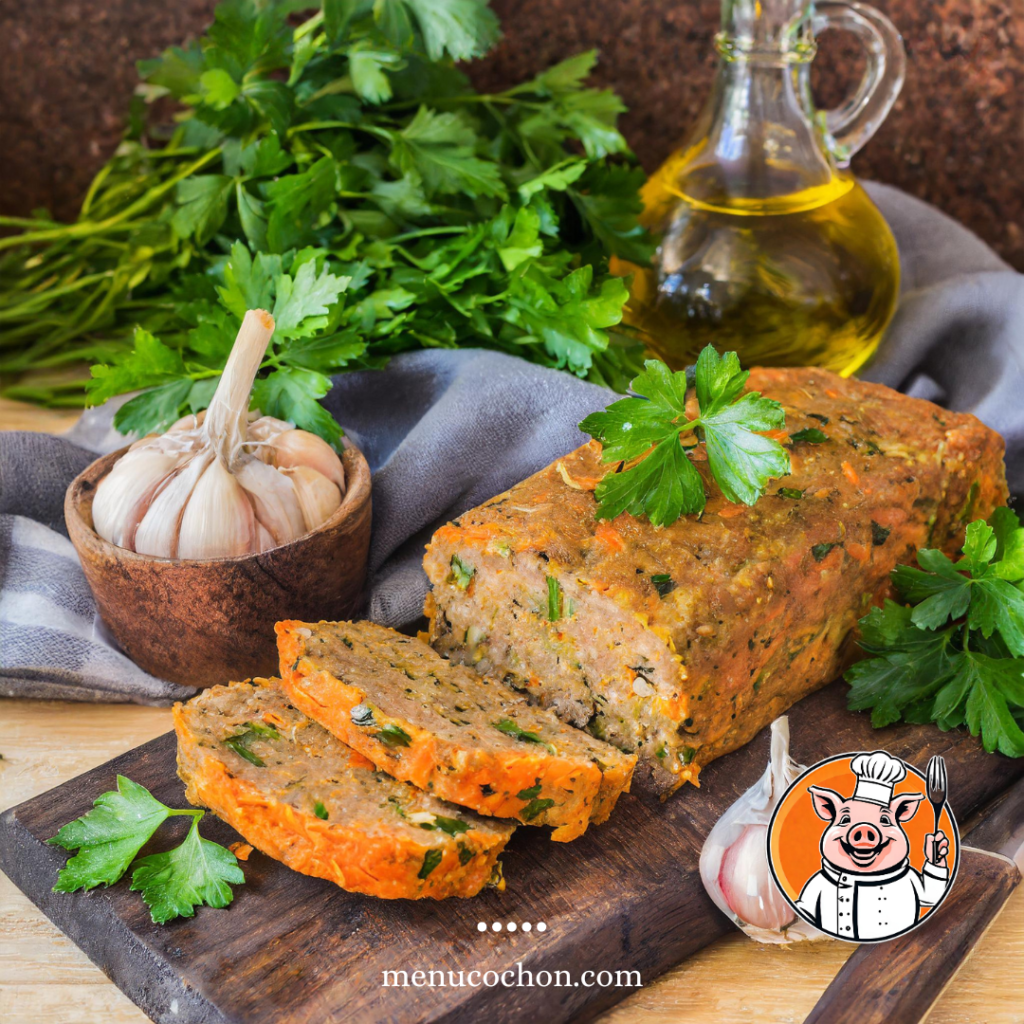 Pain de viande frais et herbes sur planche bois.