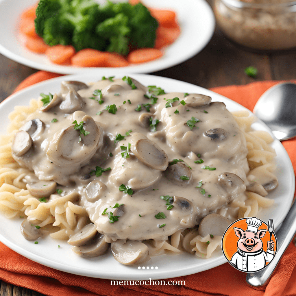 Pasta with mushroom and parsley sauce.