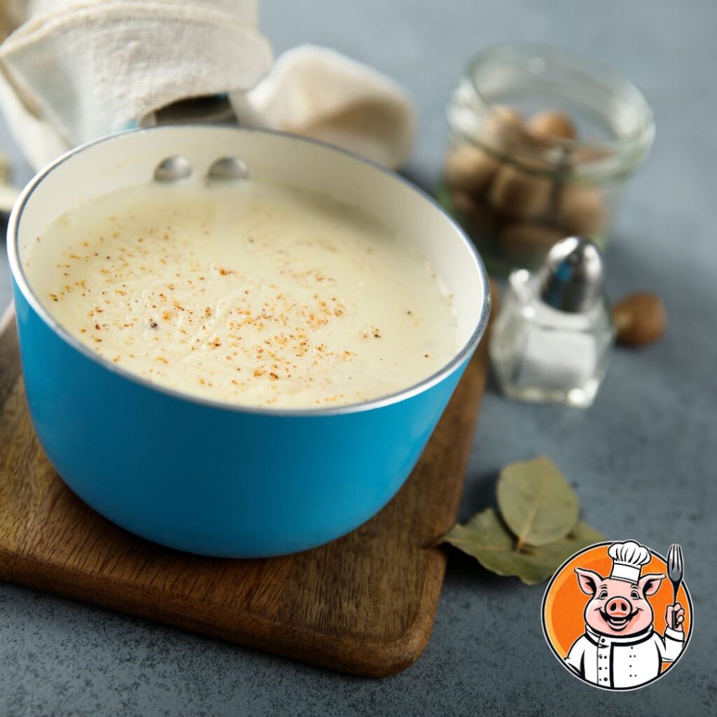 Soupe crémeuse dans bol bleu.